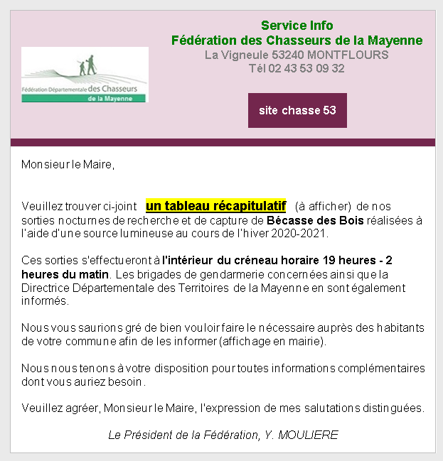Communiqué de la Fédération des Chasseurs de la Mayenne